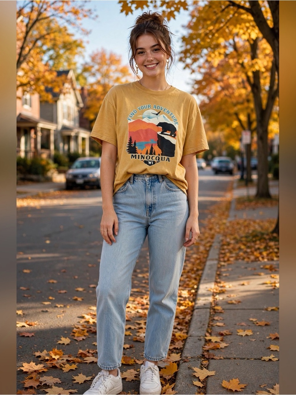 COMFORT COLORS MINOCQUA WISCONSIN BEAR GRAPHIC TEE MUSTARD NORTHWOODS SOUVENIR